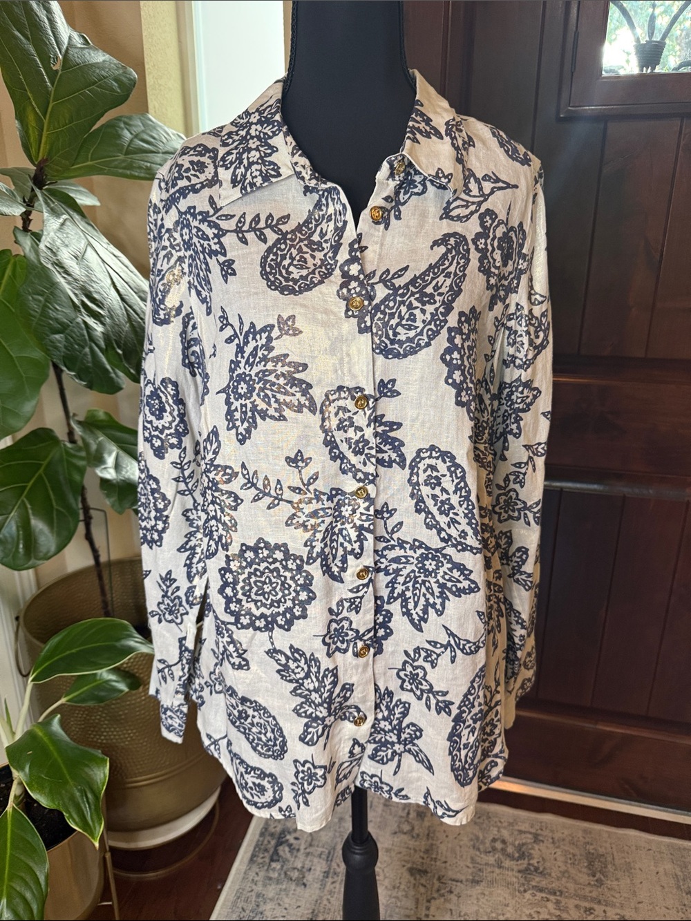 Charter Club Weekend Collection Paisley Printed 100% Linen Button Shirt Size 0X